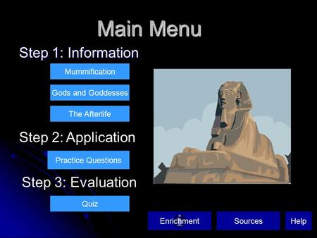 Main Menu Step 1: Information Mummification Gods and Goddesses The Afterlife Step 2: Application Practice Questions Quiz Step 3: Evaluation SourcesEnrichmentHelp.