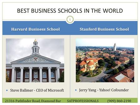 Harvard Business School Stanford Business School Steve Ballmer - CEO of Microsoft Jerry Yang - Yahoo! Cofounder 1 BEST BUSINESS SCHOOLS IN THE WORLD 21316.