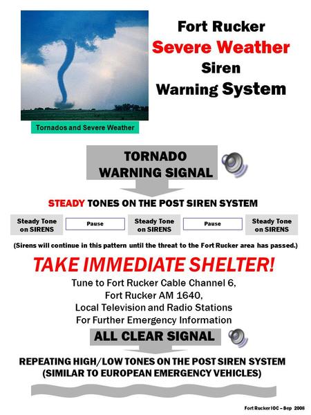 TORNADO WARNING SIGNAL Tornados and Severe Weather Fort Rucker Severe Weather Siren Warning System STEADY TONES ON THE POST SIREN SYSTEM TAKE IMMEDIATE.