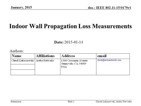 Submission doc.: IEEE 802.11-15/0179r1 Indoor Wall Propagation Loss Measurements January, 2015 Chuck Lukaszewski, Aruba NetworksSlide 1 Date: 2015-01-14.