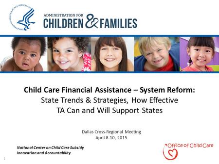 1 Child Care Financial Assistance – System Reform: State Trends & Strategies, How Effective TA Can and Will Support States Dallas Cross-Regional Meeting.