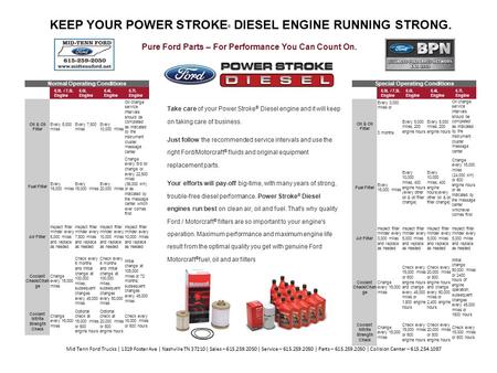 Normal Operating Conditions 6.9L / 7.3L Engine 6.0L Engine 6.4L Engine 6.7L Engine Oil & Oil Filter Every 5,000 miles Every 7,500 miles Every 10,000 miles.