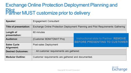 Copyright© Microsoft Corporation Speaker:Engagement Consultant Title of presentation:Exchange Online Protection Deployment Planning and Pilot Requirements.