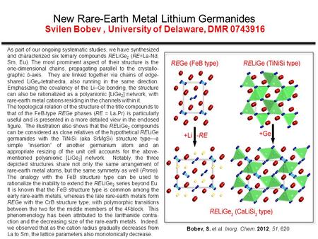 New Rare-Earth Metal Lithium Germanides Svilen Bobev, University of Delaware, DMR 0743916 As part of our ongoing systematic studies, we have synthesized.