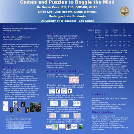 Problem Alterations in memory have been associated with the aging process. Method Replication study based on the research done by Palker, N., Barr-Silk,