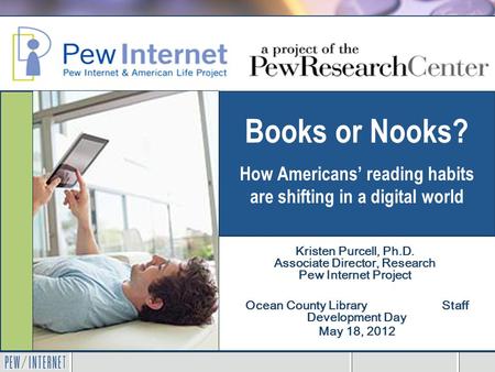 Books or Nooks? How Americans’ reading habits are shifting in a digital world Ocean County Library Staff Development Day May 18, 2012 Kristen Purcell,