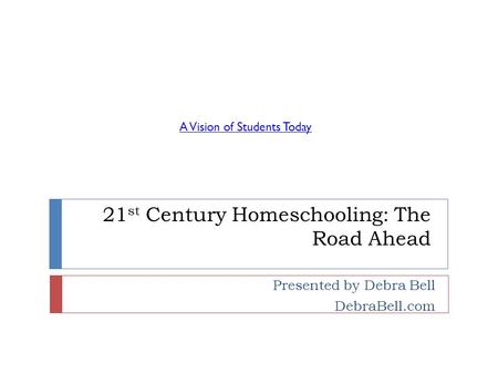 21 st Century Homeschooling: The Road Ahead Presented by Debra Bell DebraBell.com A Vision of Students Today.