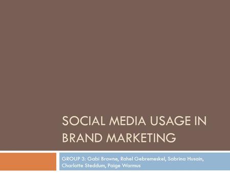 SOCIAL MEDIA USAGE IN BRAND MARKETING GROUP 3: Gabi Browne, Rahel Gebremeskel, Sabrina Husain, Charlotte Steddum, Paige Warmus.