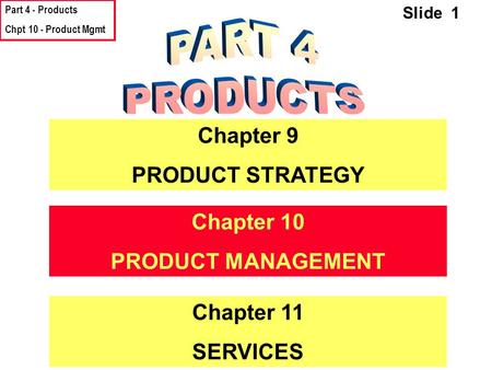 Part 4 - Products Chpt 10 - Product Mgmt Slide 1 Chapter 9 PRODUCT STRATEGY Chapter 10 PRODUCT MANAGEMENT Chapter 11 SERVICES.