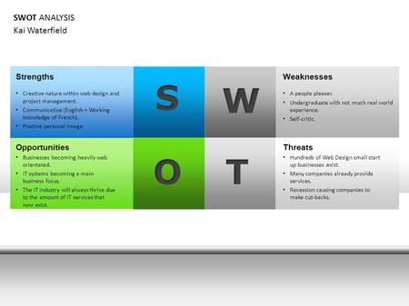 Strengths Creative nature within web design and project management. Communicative (English + Working knowledge of French). Positive personal image. Opportunities.