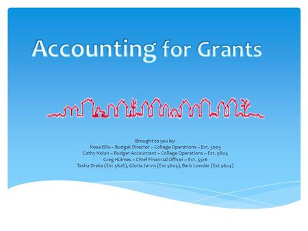 Brought to you by: Rose Ellis – Budget Director – College Operations – Ext. 3005 Cathy Nolan – Budget Accountant – College Operations – Ext. 5604 Greg.