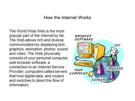 How the Internet Works The World Wide Web is the most popular part of the Internet by far. The Web allows rich and diverse communication by displaying.