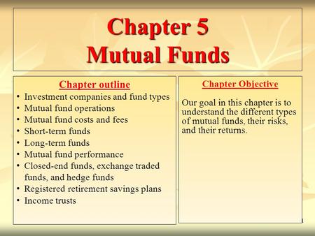 Chapter 5 Mutual Funds Chapter outline Chapter Objective