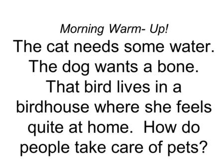 Morning Warm- Up! The cat needs some water. The dog wants a bone. That bird lives in a birdhouse where she feels quite at home. How do people take care.