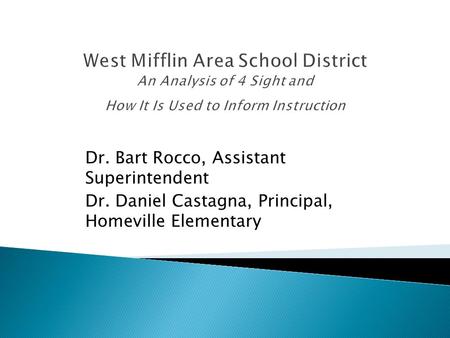 West Mifflin Area School District An Analysis of 4 Sight and How It Is Used to Inform Instruction Dr. Bart Rocco, Assistant Superintendent Dr. Daniel Castagna,