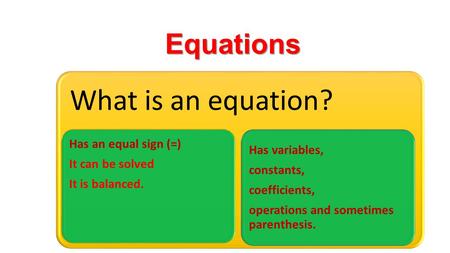 Equations What is an equation? Has an equal sign (=) It can be solved It is balanced. Has variables, constants, coefficients, operations and sometimes.