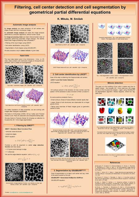 Filtering, cell center detection and cell segmentation by geometrical partial differential equations K. Mikula, M. Smíšek Automatic image analysis By image.