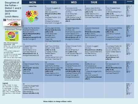 Daughters of the Father – District 1 and 2 September 2013 Lunch Menu Important Things: MONTUESWEDTHURFRI component Labor Day 3 Chicken Nuggets (5) (M/Ma)