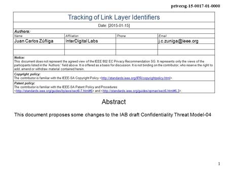 Privecsg-15-0017-01-0000 1 Tracking of Link Layer Identifiers Date: [2015-01-15] Authors: NameAffiliationPhone Juan Carlos ZúñigaInterDigital