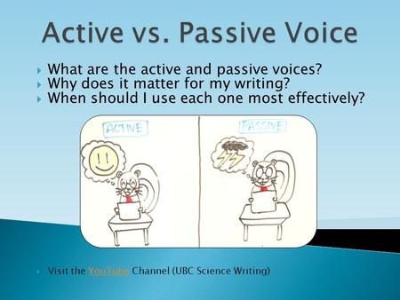  What are the active and passive voices?  Why does it matter for my writing?  When should I use each one most effectively?  Visit the YouTube Channel.