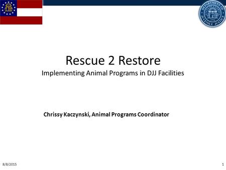 8/8/20151 Rescue 2 Restore Implementing Animal Programs in DJJ Facilities Chrissy Kaczynski, Animal Programs Coordinator.