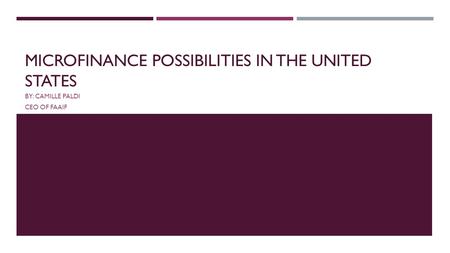 MICROFINANCE POSSIBILITIES IN THE UNITED STATES BY: CAMILLE PALDI CEO OF FAAIF.