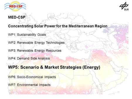 MED-CSP Concentrating Solar Power for the Mediterranean Region WP1: Sustainability Goals WP2: Renewable Energy Technologies WP3: Renewable Energy Resources.