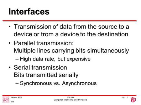 12 - Winter 2006 ECE ECE 766 Computer Interfacing and Protocols 1 Interfaces Transmission of data from the source to a device or from a device to the destination.