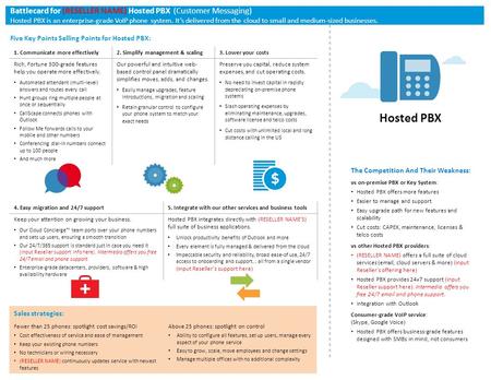 Battlecard for (RESELLER NAME) Hosted PBX (Customer Messaging) Hosted PBX is an enterprise-grade VoIP phone system. It’s delivered from the cloud to small.