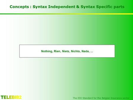 The EDI Standard for the Belgian Insurance sector Concepts : Syntax Independent & Syntax Specific parts Nothing, Rien, Niets, Nichts, Nada,...