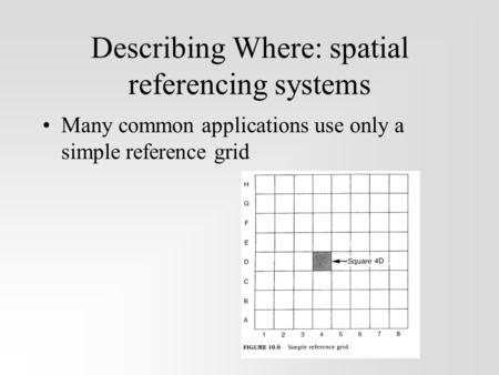 Describing Where: spatial referencing systems Many common applications use only a simple reference grid.