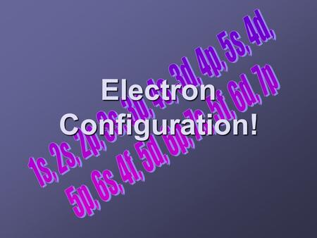 Electron Configuration!. s, p, d, and f The different sections of the Periodic Table are very important in understanding Electron Configuration. There.