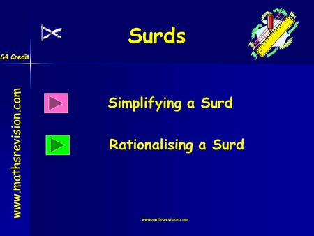 Www.mathsrevision.com Surds Simplifying a Surd Rationalising a Surd www.mathsrevision.com S4 Credit.