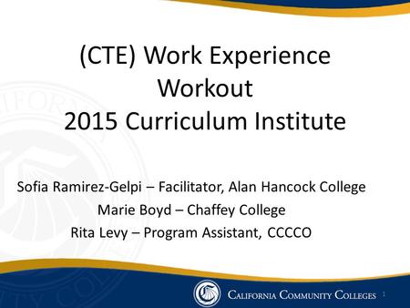 (CTE) Work Experience Workout 2015 Curriculum Institute Sofia Ramirez-Gelpi – Facilitator, Alan Hancock College Marie Boyd – Chaffey College Rita Levy.