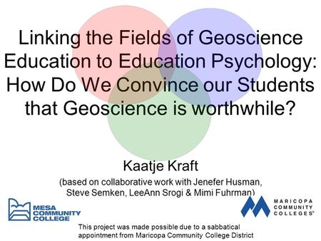 Linking the Fields of Geoscience Education to Education Psychology: How Do We Convince our Students that Geoscience is worthwhile? Kaatje Kraft (based.