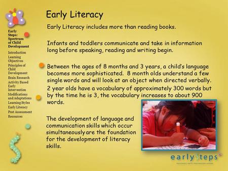 Early Steps: Spectrum of Child Development Introduction Learning Objectives Principles of Child Development Brain Research Activity Based Early Intervention.