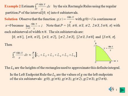 1 Example 2 Estimate by the six Rectangle Rules using the regular partition P of the interval [0,  ] into 6 subintervals. Solution Observe that the function.