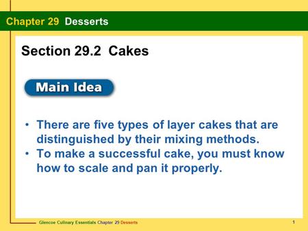 Section 29.2 Cakes There are five types of layer cakes that are distinguished by their mixing methods. To make a successful cake, you must know how to.