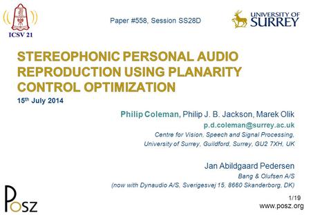 1/19 Philip Coleman, Philip J. B. Jackson, Marek Olik Centre for Vision, Speech and Signal Processing, University.