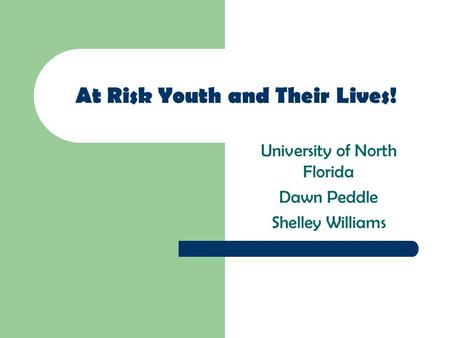 At Risk Youth and Their Lives! University of North Florida Dawn Peddle Shelley Williams.