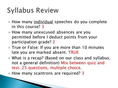  How many individual speeches do you complete in this course? 3  How many unexcused absences are you permitted before I deduct points from your participation.