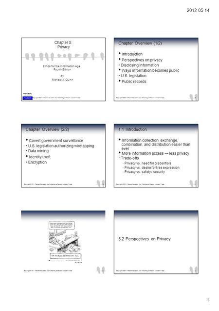 2012-05-14 Chapter 5: Privacy Ethics for the Information Age Fourth Edition by Michael J. Quinn Copyright © 2011 Pearson Education, Inc. Publishing as.