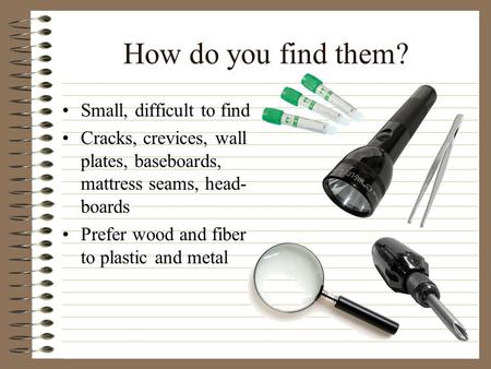 How do you find them? Small, difficult to find Cracks, crevices, wall plates, baseboards, mattress seams, head- boards Prefer wood and fiber to plastic.