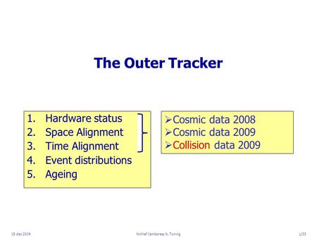  Cosmic data 2008  Cosmic data 2009  Collision data 2009 15 dec 2009Nikhef Jamboree, N. Tuning1/33 The Outer Tracker 1.Hardware status 2.Space Alignment.