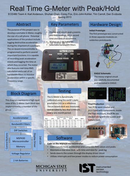 The purpose of this project was to develop a portable G-Meter, roughly the size of a cell phone. Potential applications of the product include logging.