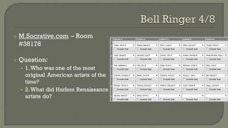  M.Socrative.com – Room #38178  Question: 1. Who was one of the most original American artists of the time? 2. What did Harlem Renaissance artists do?