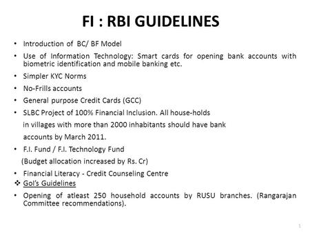 FI : RBI GUIDELINES Introduction of BC/ BF Model