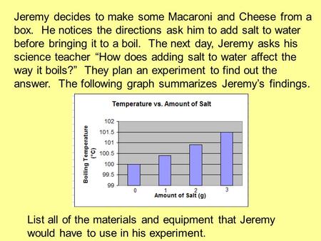 Jeremy decides to make some Macaroni and Cheese from a box. He notices the directions ask him to add salt to water before bringing it to a boil. The next.