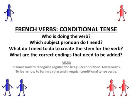 To learn how to form regular and irregular conditional tense verbs.