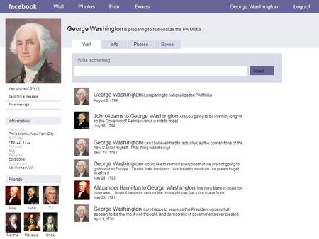 Facebook George Washington is preparing to Nationalize the PA Militia WallPhotosFlairBoxesGeorge WashingtonLogout View photos of GW (5) Send GW a message.